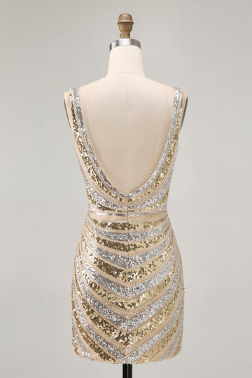 Sparkly Golden Bodycon Sequins V-Neck Homecoming Dress